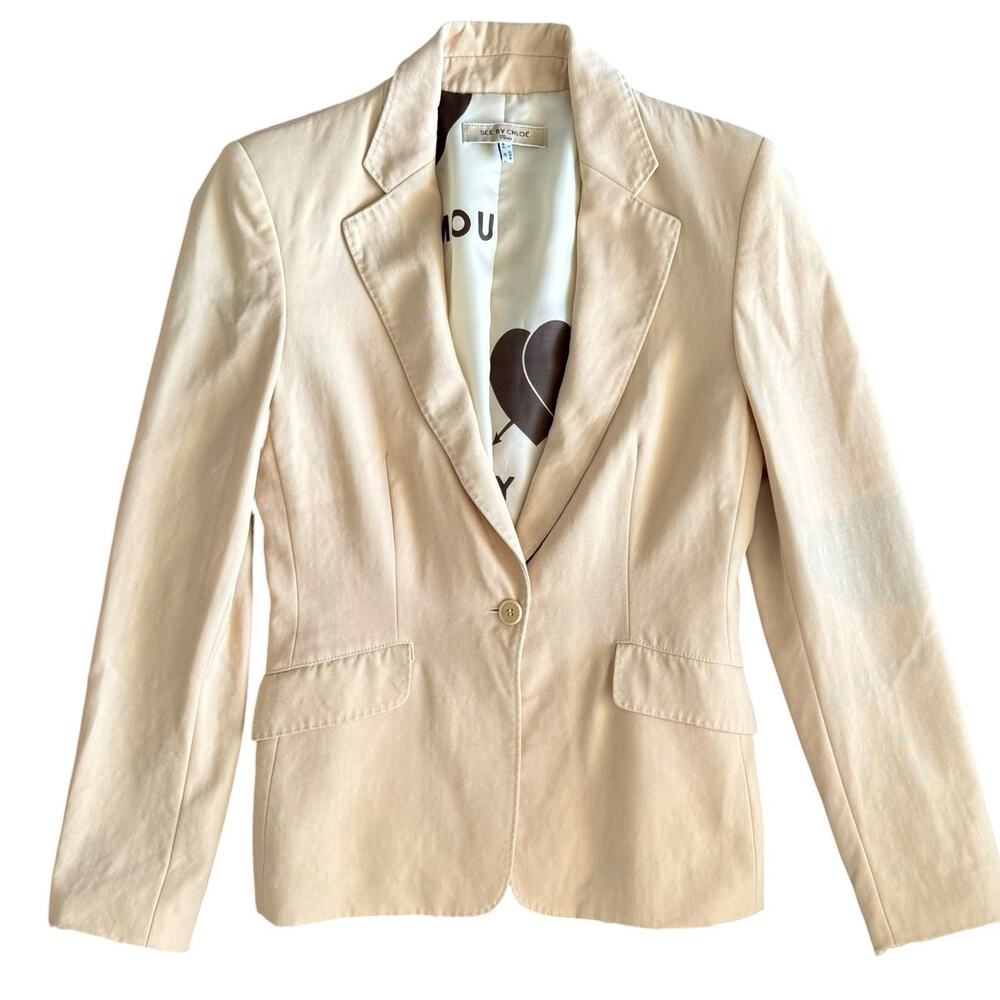 See By Chloe Beige Cream Blazer Single Breasted Heart Lining Wool 10